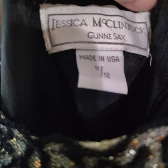 Vintage Jessica McClintock Gunne Sax Black Slip Dress w/ Gold Sequins Satin - Picture 2 of 2